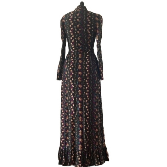 Vintage 70s Prairie Ruffle Floral Green Cottage Core Ruffle V-Neck Maxi Dress - Picture 6 of 8